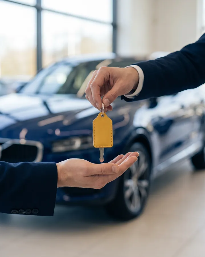 Verkäufer übergibt einen Autoschlüssel mit gelbem Anhänger