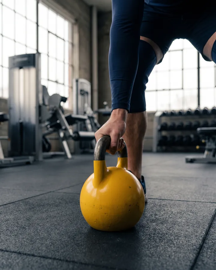 Hand greift eine gelbe Kettlebell im Fitnessstudio