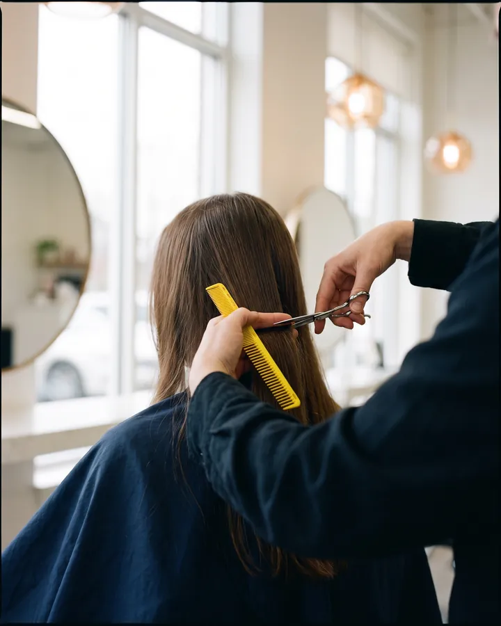 Friseurin schneidet Haare mit Schere und gelbem Kamm