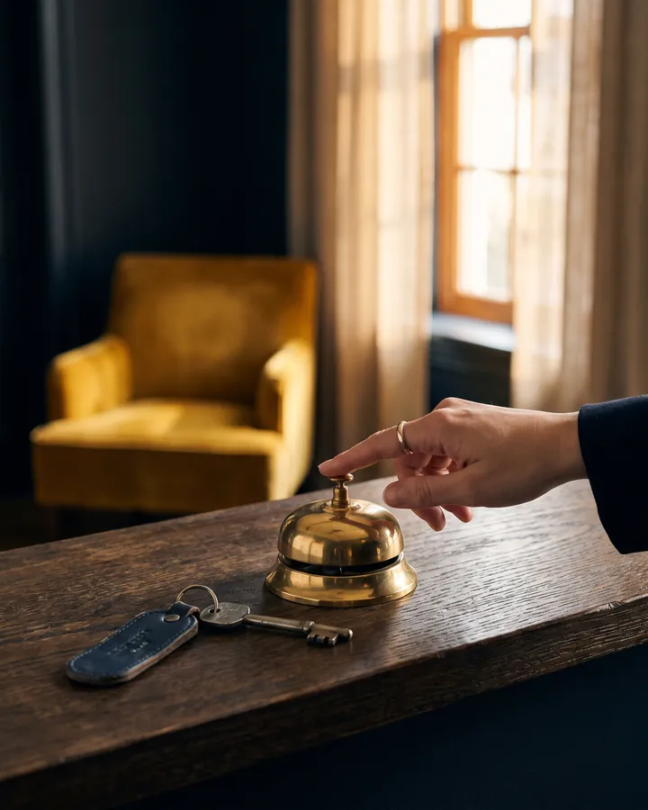 Hand an einer Messingglocke an der Hotelrezeption, im Hintergrund ein gelber Sessel