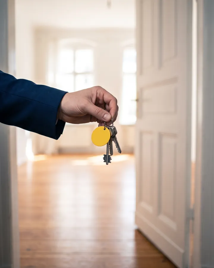 Hand hält Wohnungsschlüssel mit gelbem Anhänger vor einer offenen Tür