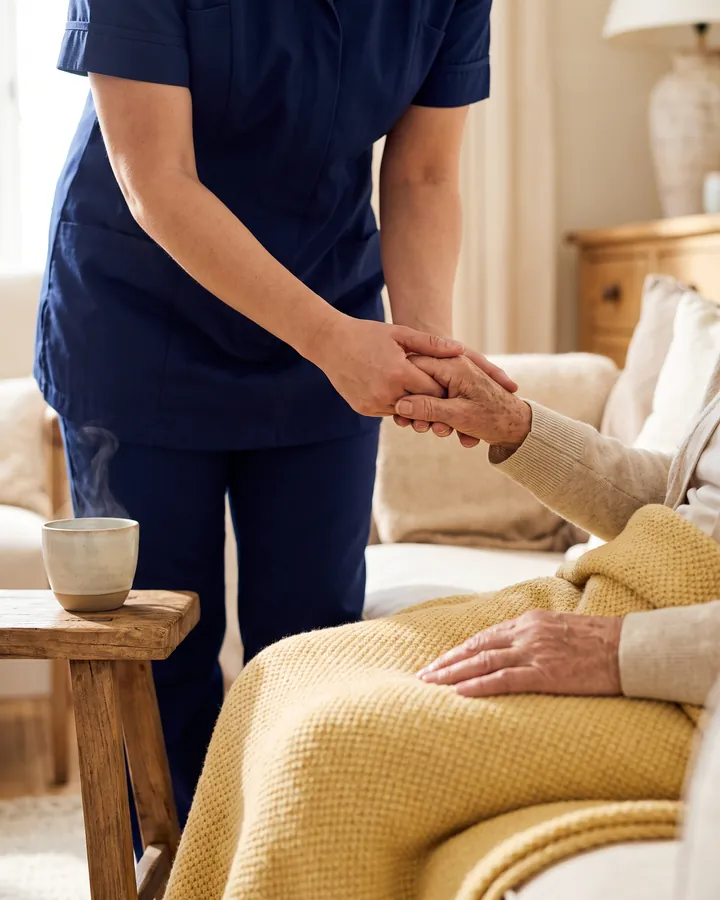 Pflegekraft hält die Hände einer älteren Person, auf dem Schoß eine gelbe Decke